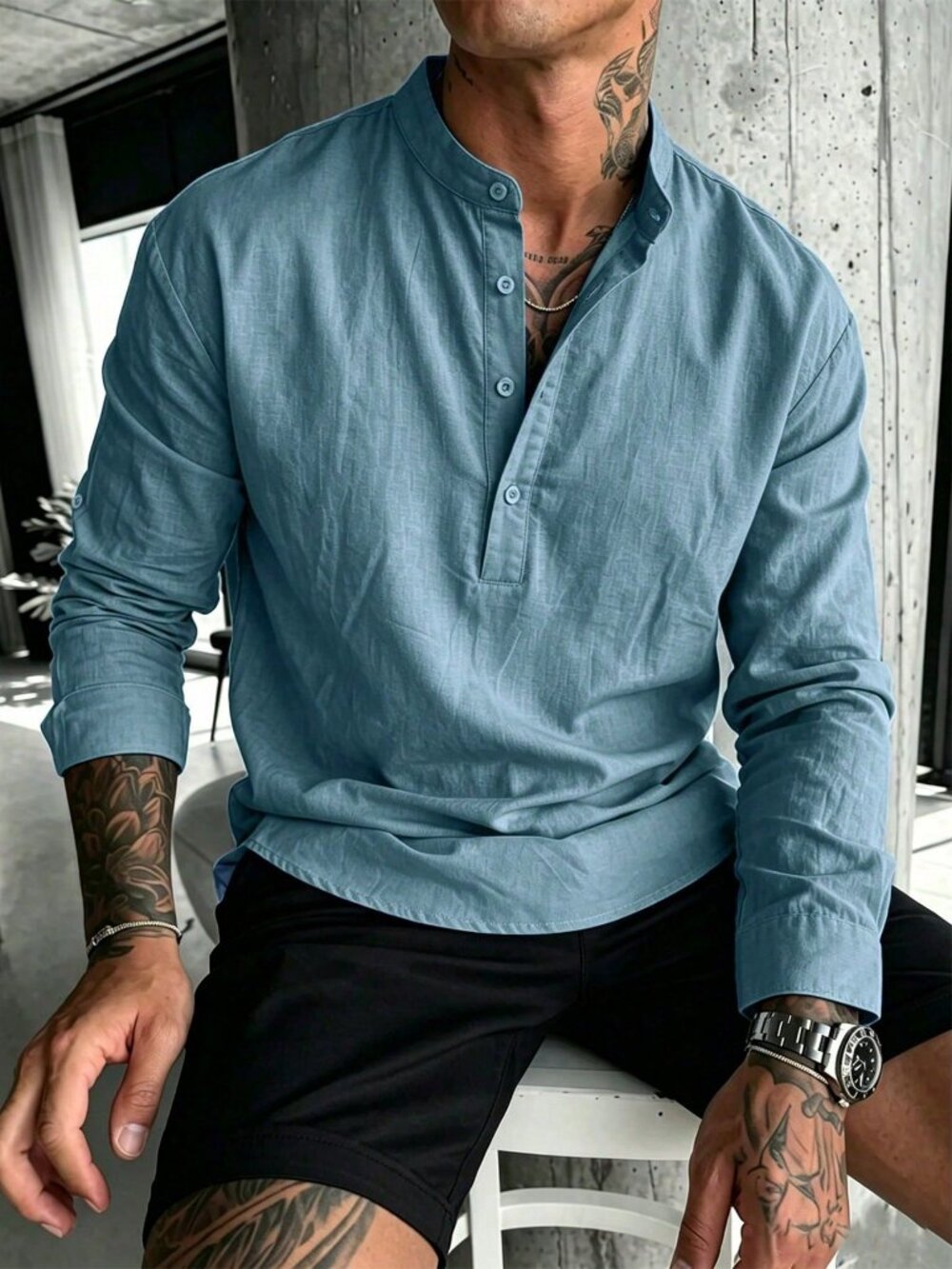 Blue Loose Men's Button Front Plain Henley Neckline Casual Shirt